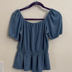 LC Lauren Conrad Slate Blue Puff Sleeve Smocked Peplum Top